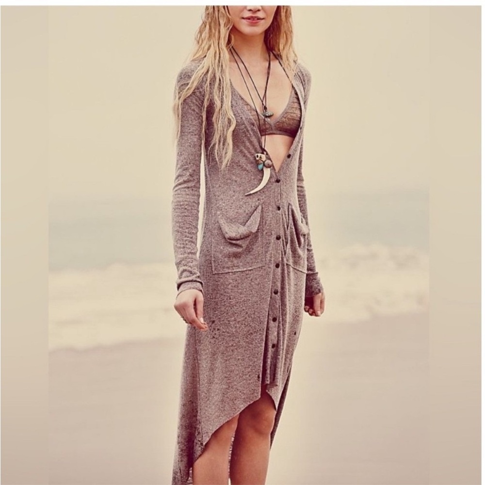 FP Beach Bonita Long Cardigan sweater dress Taupe Heathered Size‎ large